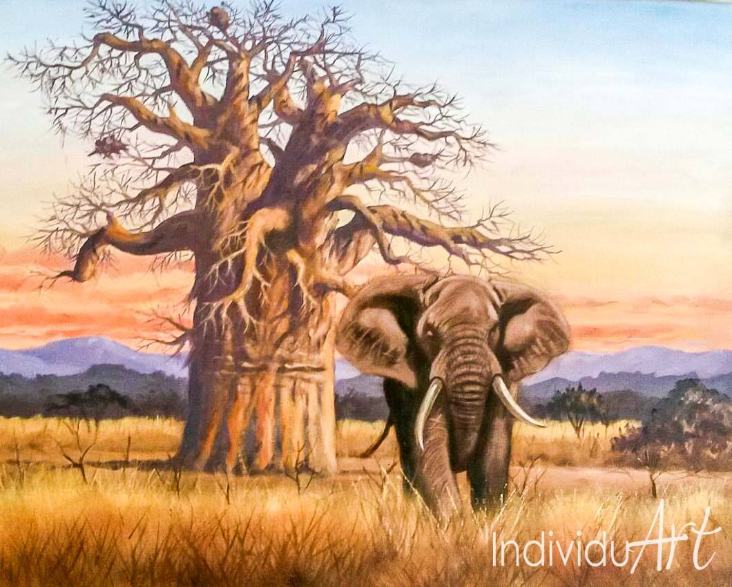 Elephant and Baobab Tree Oil Painting JL005