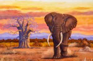 Elephant painting oil Baobab tree